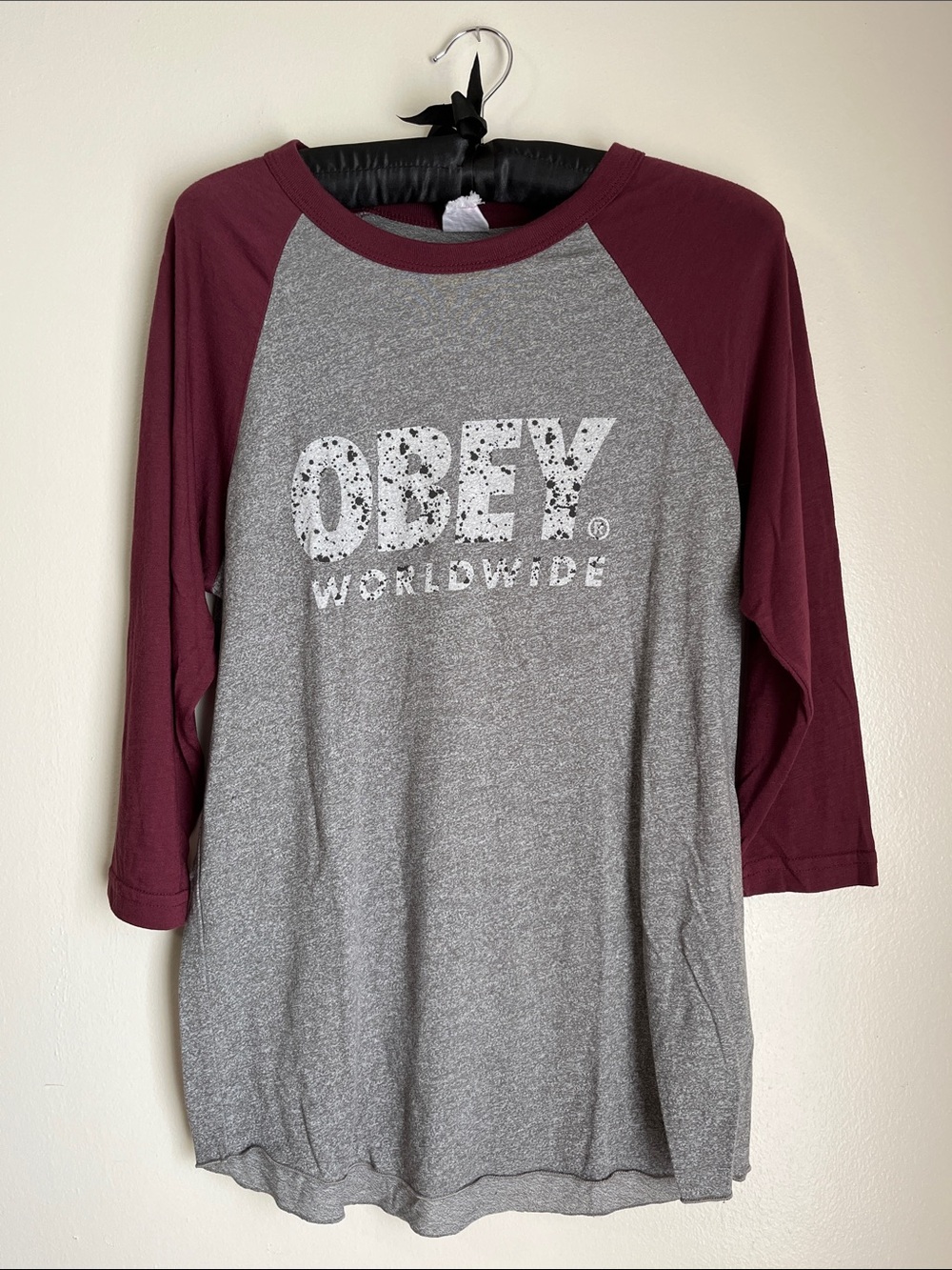 Obey Grey & Maroon Raglan Long Sleeve Tee